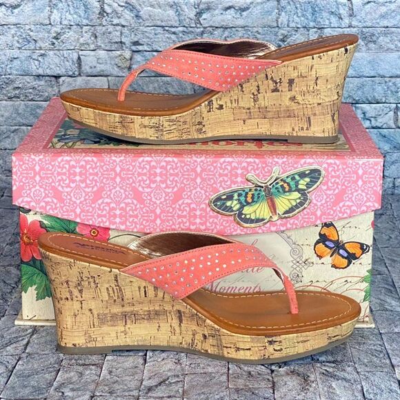 Arizona Jean Cork Wedge Sandals Size 10 Faux Suede with Rhinestones - Picture 4 of 7